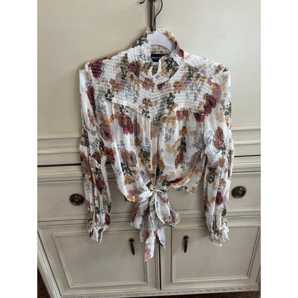 NICHOLAS Women's Floral Print‎ Silk Chiffon High Neck Tie Front Blouse Sz 4
